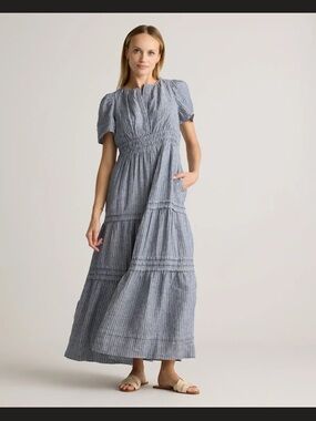 NWT Quince Chambray Stripe Tiered Linen Maxi Dress XS